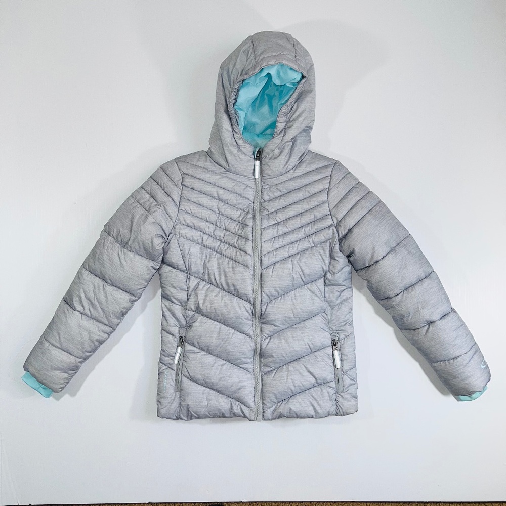 Silver Gray Hooded Zipper Cold Winter Jacket Kids Size Large (10/12)